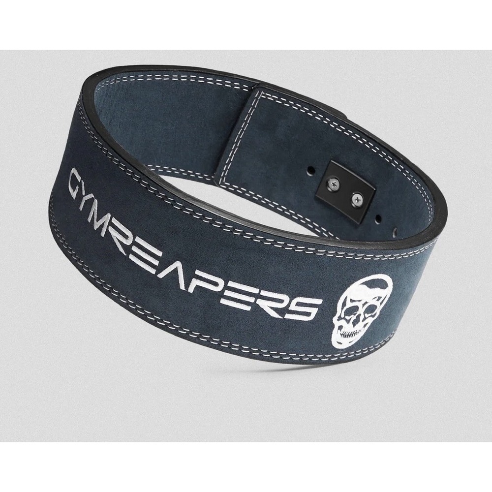 GYMREAPERS Leather Weight Lifting Belt Pin Buckle Blue w/ White Size LARGE